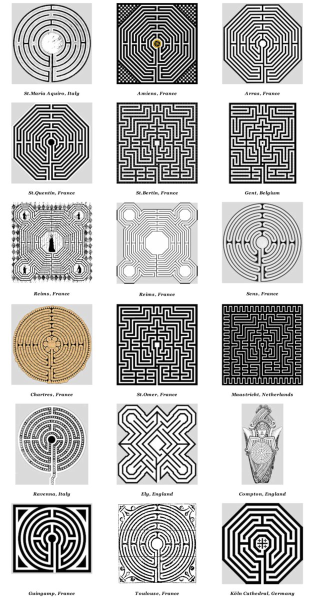 Cuentan los historiadores que los LABERINTOS DE LOS SUELOS DE LAS CATEDRALES tenían el propósito de "servir de sustitución del peregrinaje a Jerusalén para las personas que no pudieran recorrer el duro camino que terminaba en Tierra Santa".

Laberintos de catedrales de Europa.