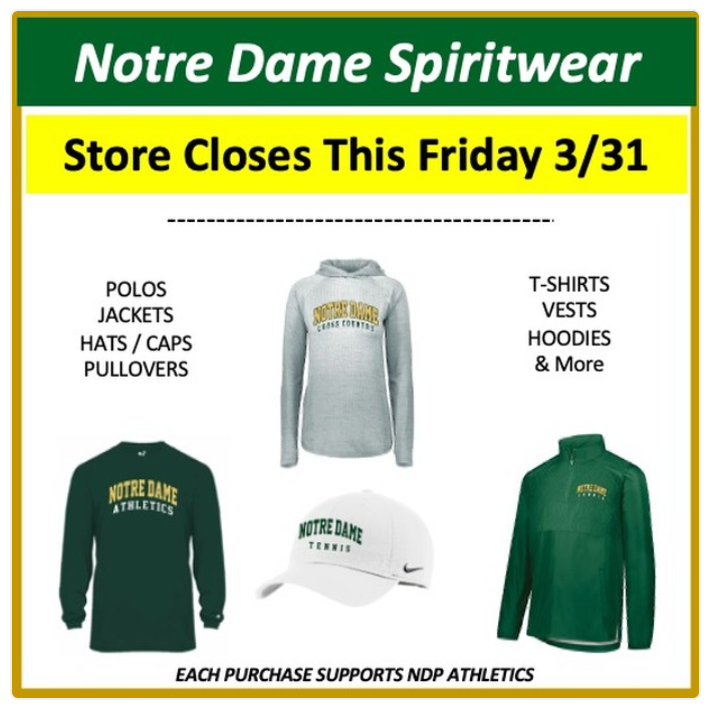 NDPMA's tweet photo. SPIRITWEAR: Store closes tomorrow. Link to enter store is. . . https://t.co/IuWZ4JiOvl
#Christians #Citizens #Scholars #IrishPride #31programsONEteam https://t.co/bj2NdUnuIF