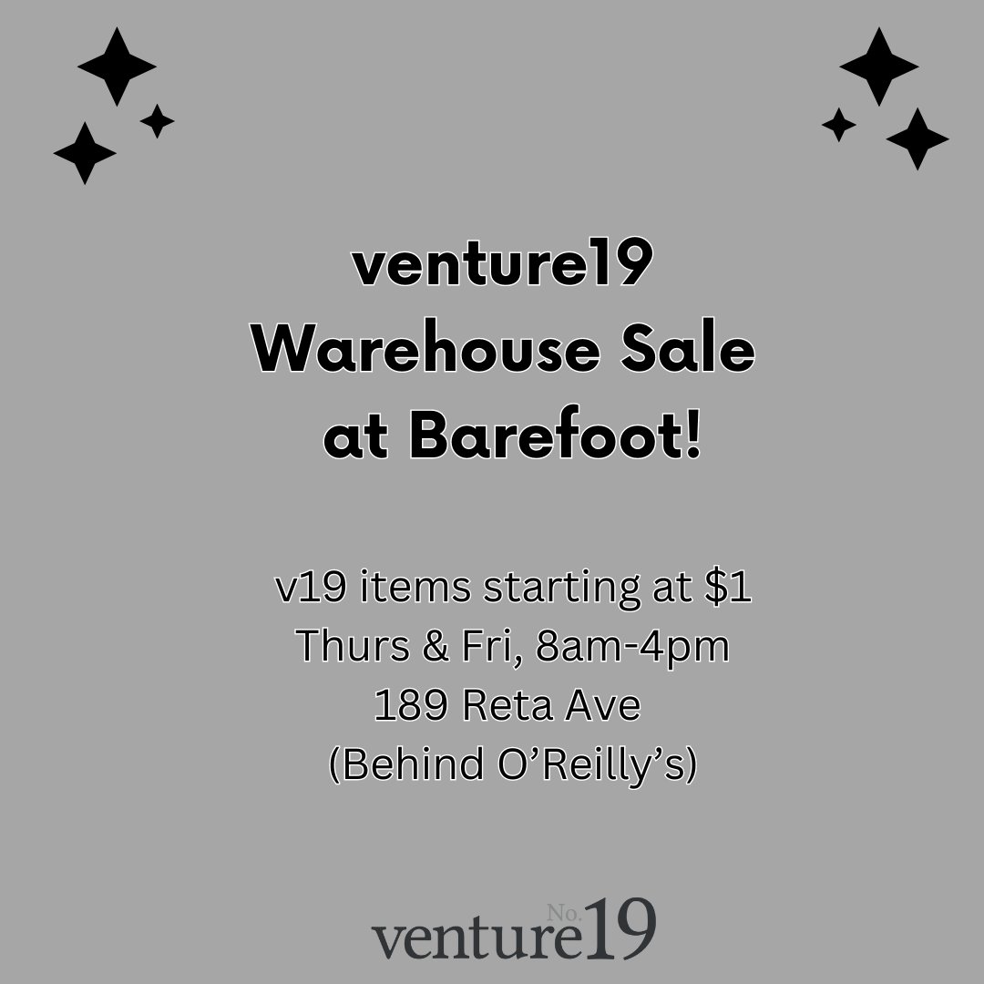 venture19 WAREHOUSE SALE AT BAREFOOT!
-TONS of venture19 items
-Items starting at $1
-Up to 75% off
-Today AND Friday, 8am-4pm!
-189 Reta Ave (Behind O’Reilly’s)
#venture19 #stephenville #shopventure