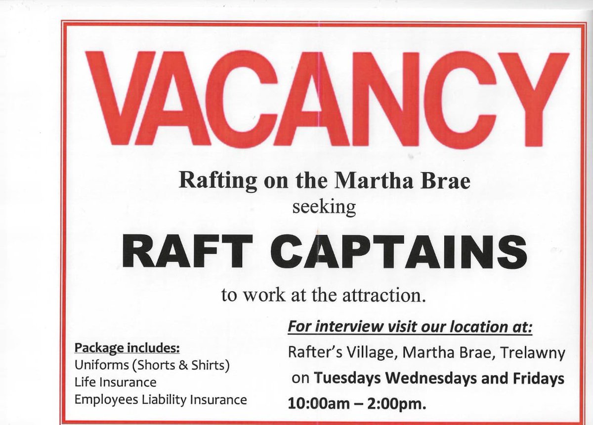 Rafting on the Martha Brae is currently hiring RAFT CAPTAINS. Visit our location at Rafter’s Village (Martha Brae, Trelawny) on Tuesdays, Wednesdays or Fridays from 10am - 2pm to apply.
#joblisting #jobsinjamaica #tourismjobs