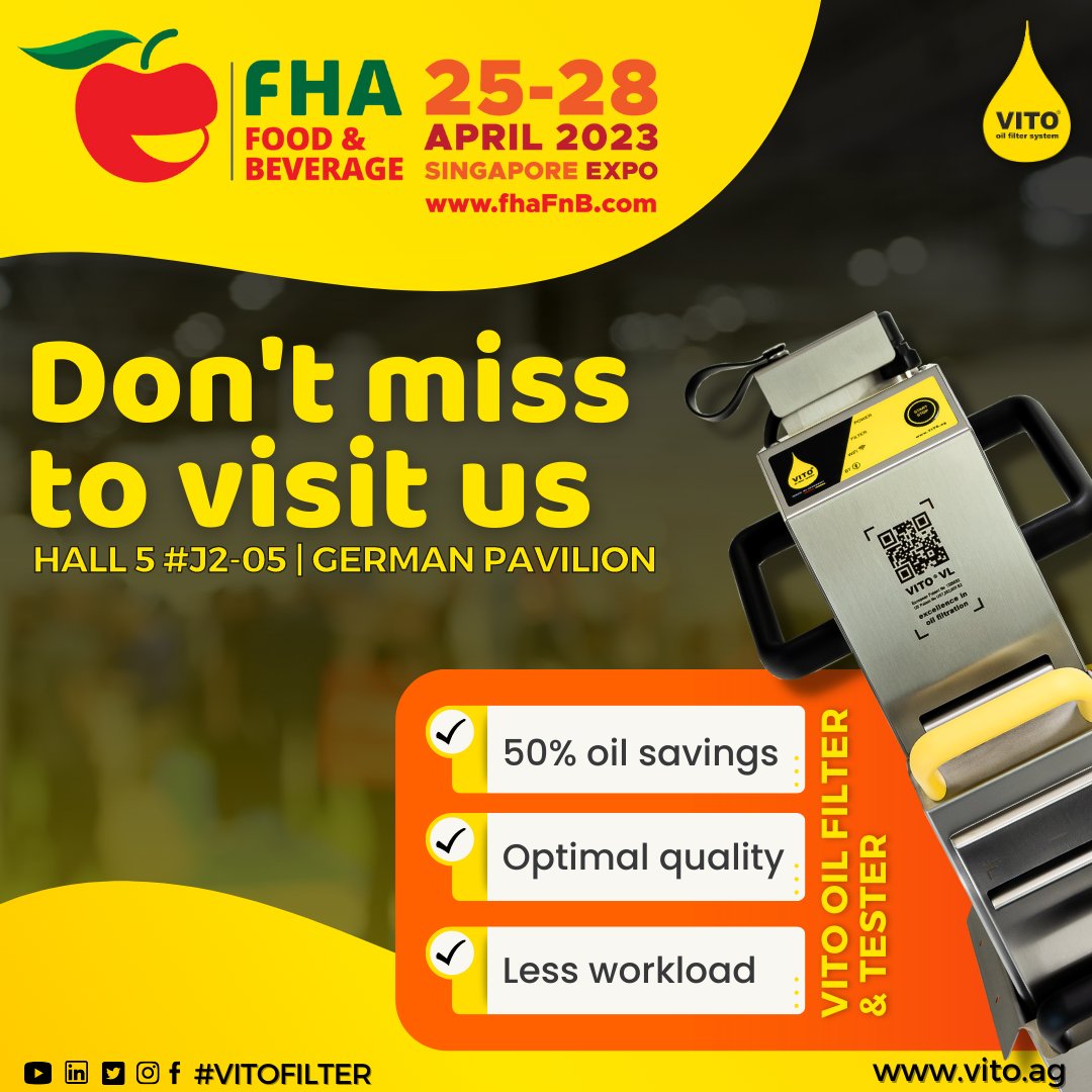 VITOFILTRATION's tweet photo. Only 26 days left! We are beyond excited about this year's FHA Food &amp; Beverage.
Don't miss to visit us at the German Pavilion in Hall 5 and experience the VITO frying oil filters and oil testers live. 

🟨

⬛

#vitofilter #tradeshow #singapore #fha #fhafnb #globalgathering https://t.co/JEceU9ubbT