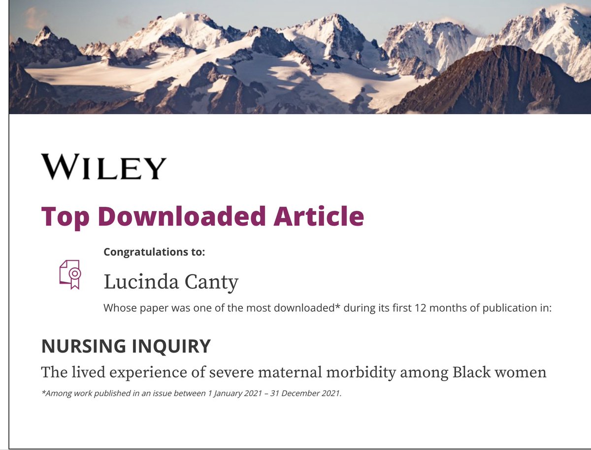My article The lived experience of severe maternal morbidity among Black women is the top downloaded article on @NursingInquiry.  I focused on the voices of Black women. Our stories are valuable. doi.org/10.1111/nin.12… 

#TopDownloadedArticle
#citeBlackwomen
#Blackmaternalhealth