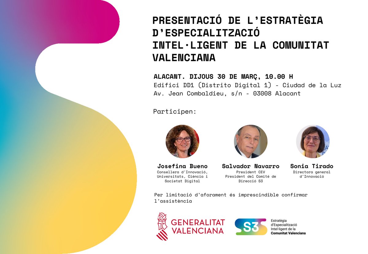 Evento de presentación de la Estrategia de Especialización Inteligente de la Comunitat Valenciana en #Alicante junto a la Consellera de Innovación <a href="/JosefinaBueno1/">Josefina Bueno 🇪🇸🏳️‍🌈💜🌹</a>, Salvador Navarro, Presidente <a href="/CEV_CV/">CEV</a> y <a href="/SoniTirado/">𝚂𝚘𝚗𝚒𝚊 𝚃𝚒𝚛𝚊𝚍𝚘</a>, Directora General de Innovación
