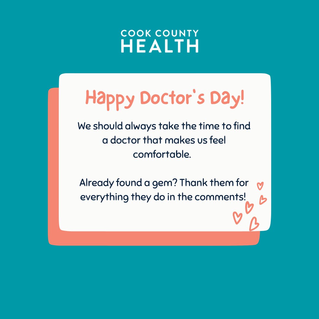 CookCtyHealth's tweet photo. We should always take the time to find a doctor that makes us feel comfortable. Having a strong relationship with our doctor can help us stay healthier. Already found a gem? Thank them for everything they do in the comments! 
#nationaldoctorsday #doctorpatientrelationship https://t.co/8GBEP7URh5