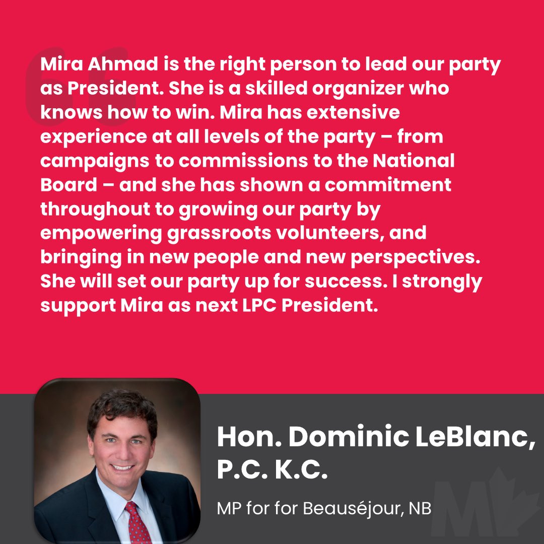 Mira Ahmad (@mirasahmad) on Twitter photo For more than 20 yrs, <a href="/DLeBlancNB/">Dominic LeBlanc</a> has served the people of Beauséjour & all Canadians – he’s been a @Liberal_Party cabinet minister in govt & a critic in opposition. He's a longtime activist and a great Liberal. I’m so honoured Dominic is endorsing my campaign. #Lib2023 For more than 20 yrs, <a href="/DLeBlancNB/">Dominic LeBlanc</a> has served the people of Beauséjour & all Canadians – he’s been a @Liberal_Party cabinet minister in govt & a critic in opposition. He's a longtime activist and a great Liberal. I’m so honoured Dominic is endorsing my campaign. #Lib2023
