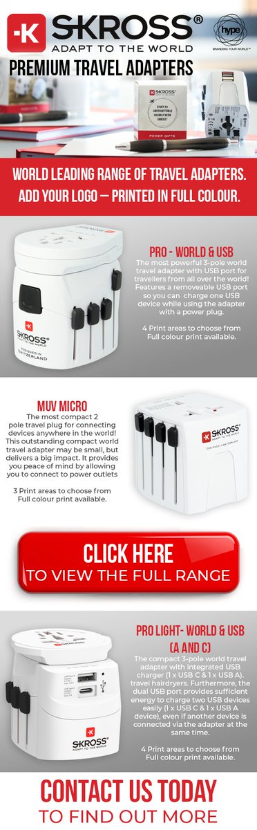 Skross - World Class Travel Adaptors - with full colour branding available. Summer is coming !! Click Here for more info. conta.cc/3G7EO63