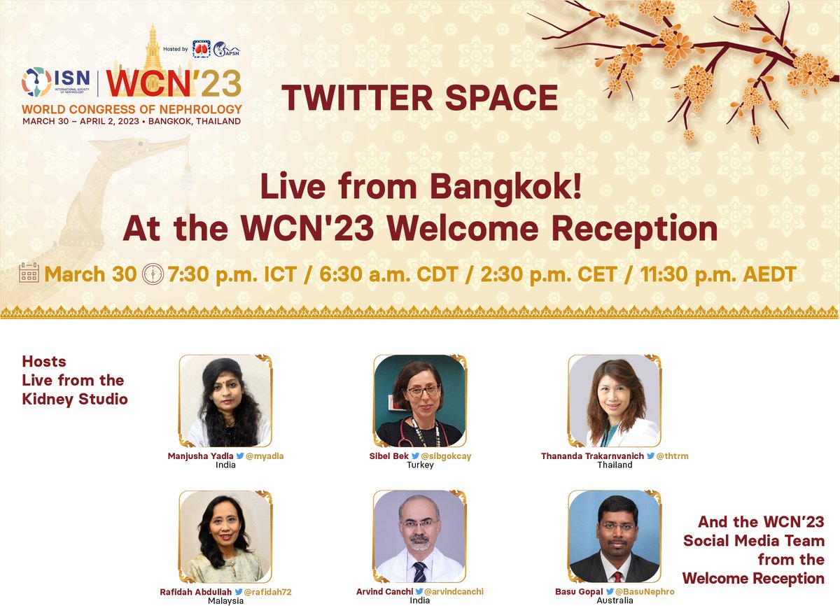 𝗦𝗧𝗔𝗥𝗧𝗜𝗡𝗚 𝗡𝗢𝗪 Twitter Space: #ISNWCN Twitter Space: 'Live from Bangkok! At the WCN’23 Welcome Reception'

🗣️ @myadla @sibgokcay @thtrm @rafidah72 @arvindcanchi @BasuNephro, and the Social Media Team from the Exhibition Hall
Join from your mobile x.com/i/spaces/1ypkk…