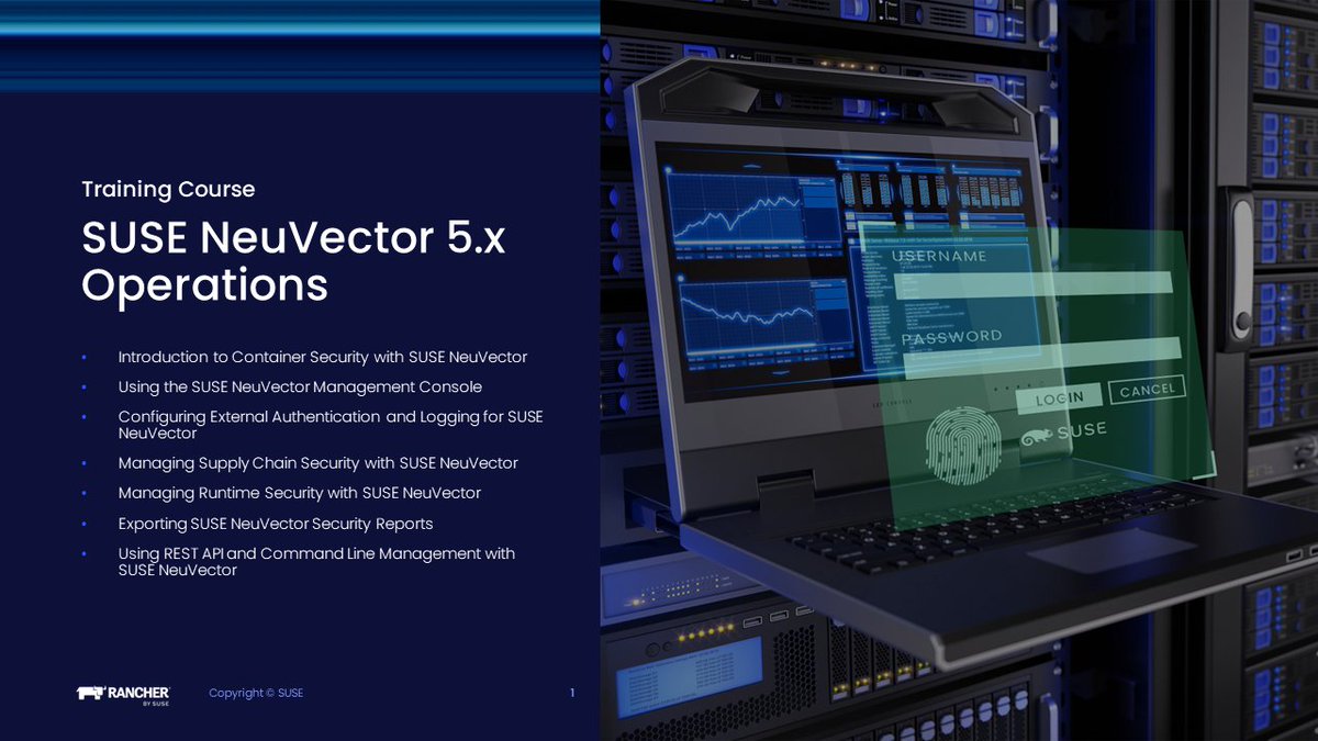 SUSE's tweet photo. Check out this 3-day instructor-led training course on SUSE NeuVector 5.x Operations, covering the fundamentals of container security and how to utilize #SUSENeuVector to monitor and secure containerized applications: https://t.co/cAudJUEnFL
#kubetnetes #security #ITtraining https://t.co/tsRuGuPRq1