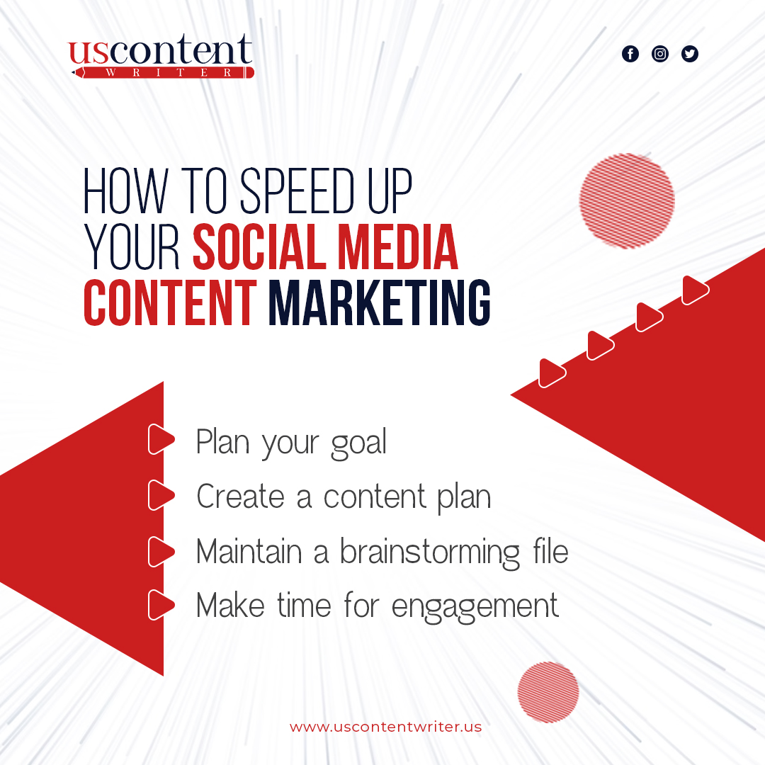 How to speed up your social media content marketing
➡️Plan your goal
➡️Create a content plan
➡️Maintain a brainstorming file
➡️Make time for engagement
For more information contact us at  content@uscontentwriter.com
#content #article #writing #sheridan #blogideas #usa