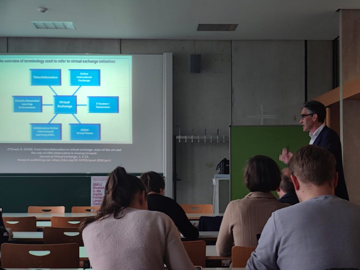 ELIVE_project's tweet photo. Plenary by Robert O'Dowd on Virtual Exchange: "Attending to diversity in online collaboratve contexts" at the Diversity in the Digital Foreign Language Classroom. (Professional School of Education, Ludwigsburg) @DDFLC @erasmusplusprojects #eliveproject @Robodowd @StuttgartUni https://t.co/EeF9i7WTmv