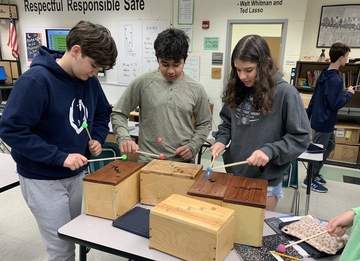 KMSteched's tweet image. 7th graders are completing their tongue drums before spring break. They use their iPad tuning app to find the notes @CarmichaelWkshp @APS_CTE @APSKenmore