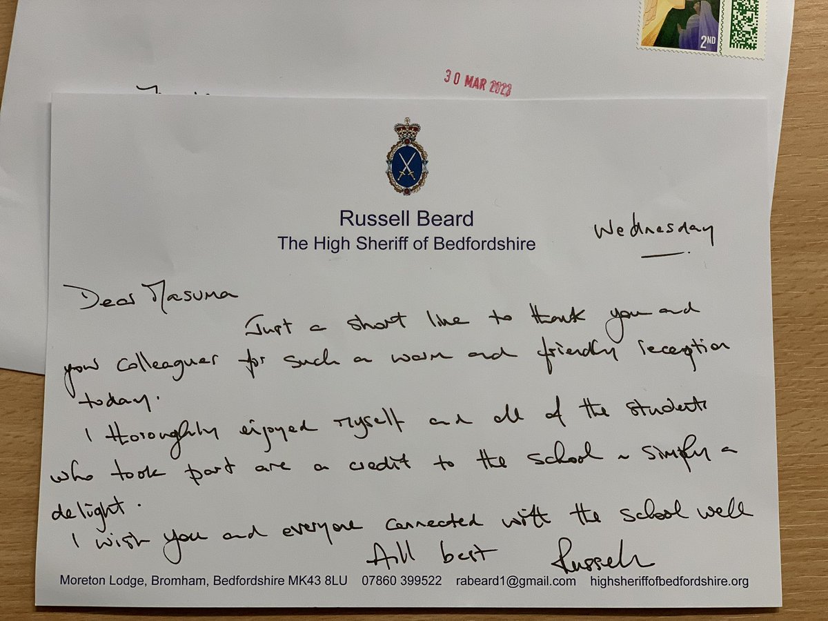What a lovely letter from the High Sheriff of Bedfordshire! @FirstGiveUK @GeoFirstGive @FirstGiveGK @DenbighHigh @DenbighRE