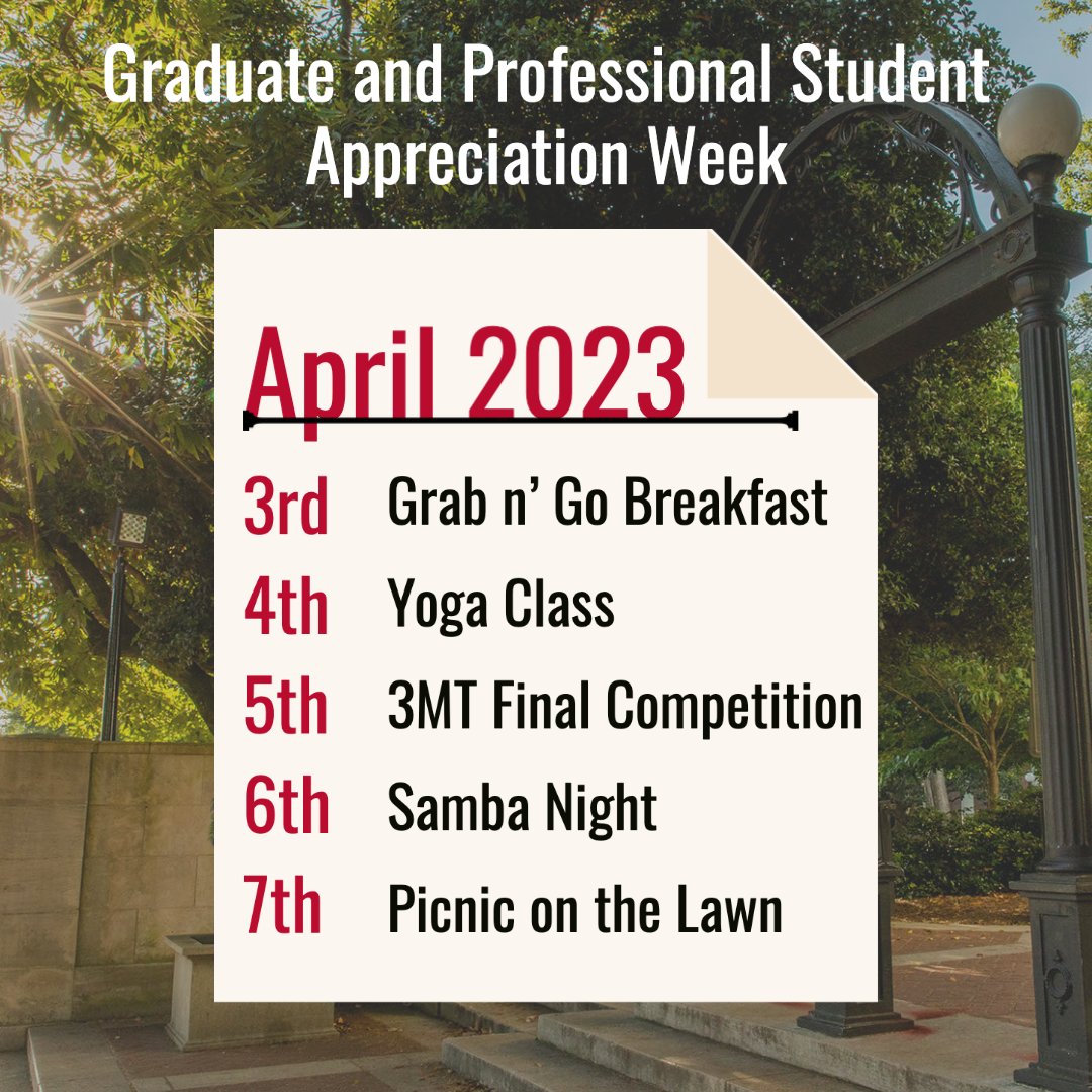 The Graduate School is excited to host a week of free events and activities to celebrate our graduate and professional students who are diligently making an impact. Check our social media for more updates! #Committo #GradDawgs #GradStudies #UGA #UGAgraduateschool #GoDawgs
