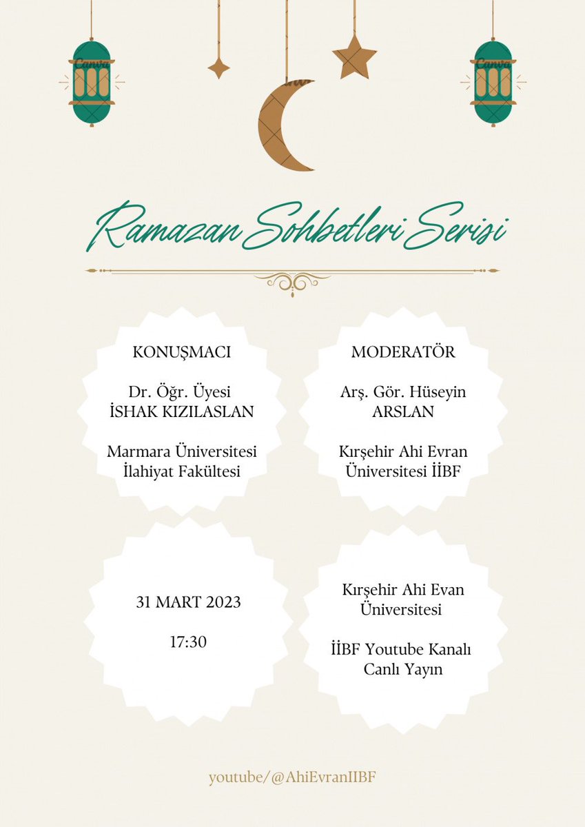 Marmara Üniversitesi İlahiyat Fakültesinden Dr. Öğr. Üyesi İshak Kızılaslan ile Ramazan ayı üzerine konuşacağız.

🗓️ 31 Mart Cuma (yarın)
🕟17:30

Canlı yayını izlemek için 👇🏻
youtube.com/ahievraniibf