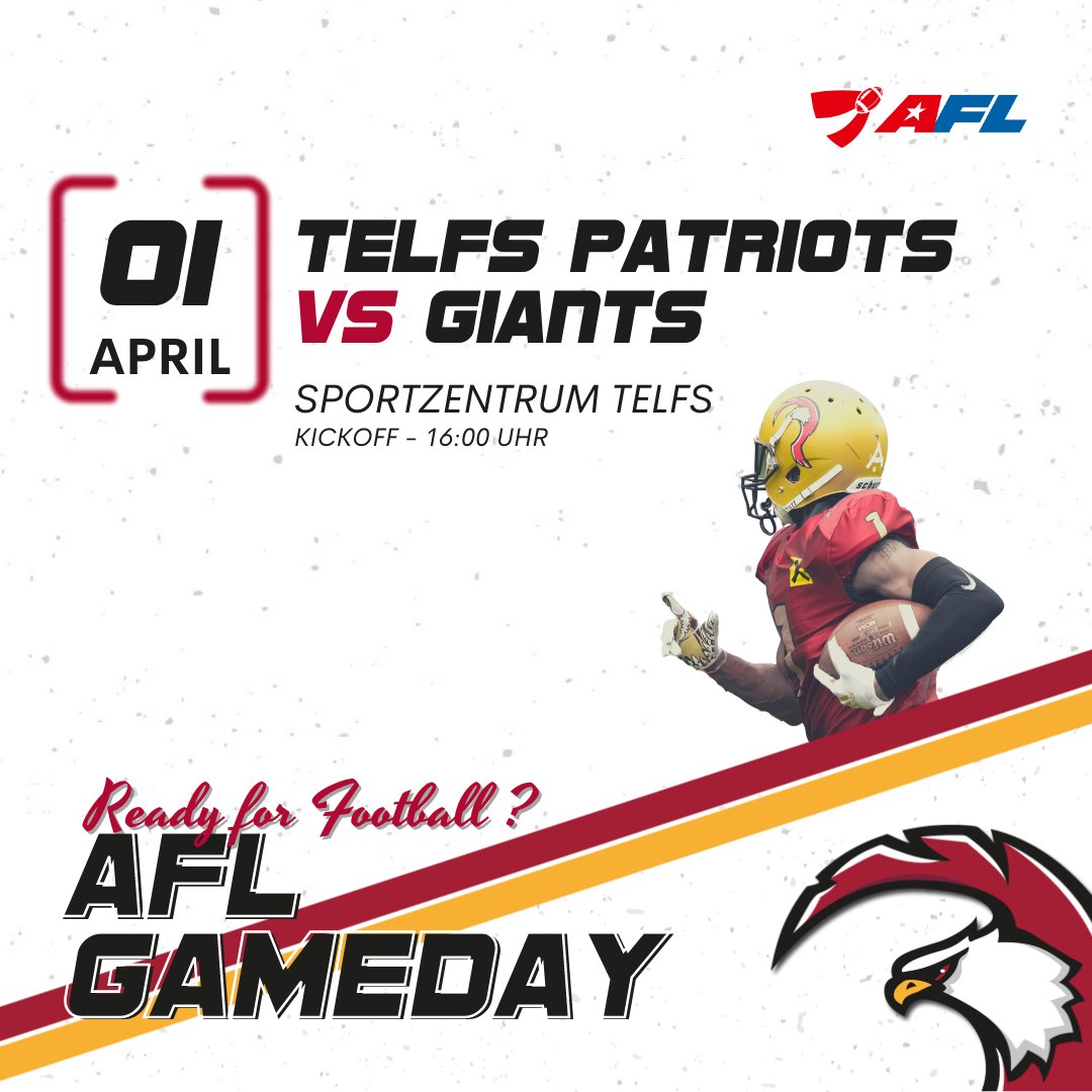 First home game in the 2023 AFL Season 🏈🔥🏈
#TelfsPatriots vs <a href="/GrazGiants/">Graz Giants</a> 
 Kickoff 🕓 16:00 Uhr | 📍Sportzentrum Telfs
Stream📺 live.football.at/live/?livestre…