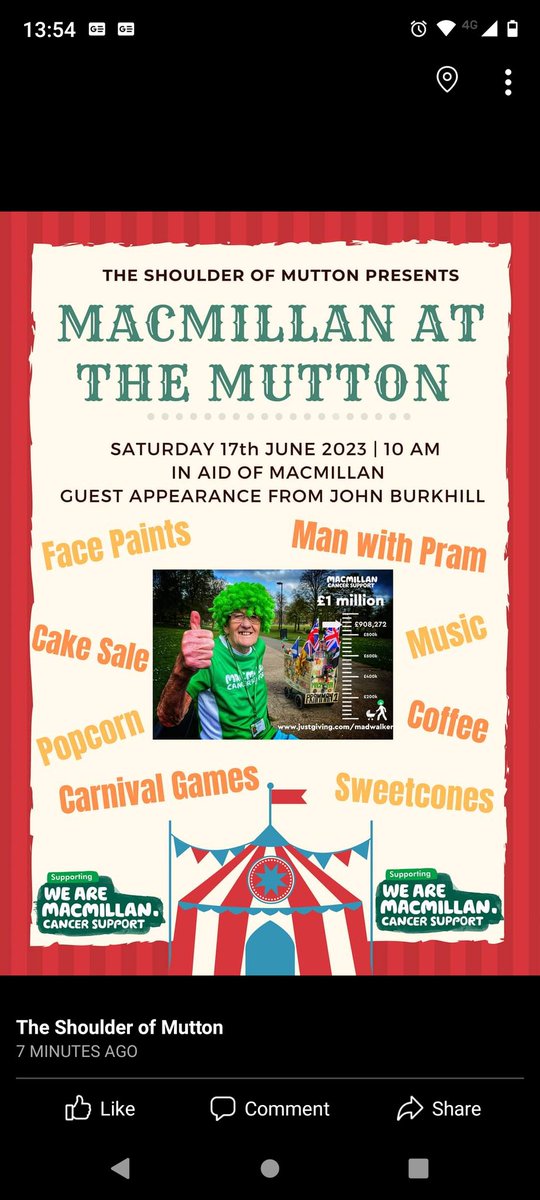 ShoulderofMutt's tweet photo. Join us for a family fun day with LOTS of activities in aid of Macmillan! Outdoor music, Face Paints, Games, Colouring,  Raffle, Sweet Cones, Cake Sale, Outdoor Bar Serving Refreshments &amp; Snacks. With a guest appearance from the MAN WITH THE PRAM himself! Saturday 17 June @ 10am https://t.co/GmmLoXRm7d
