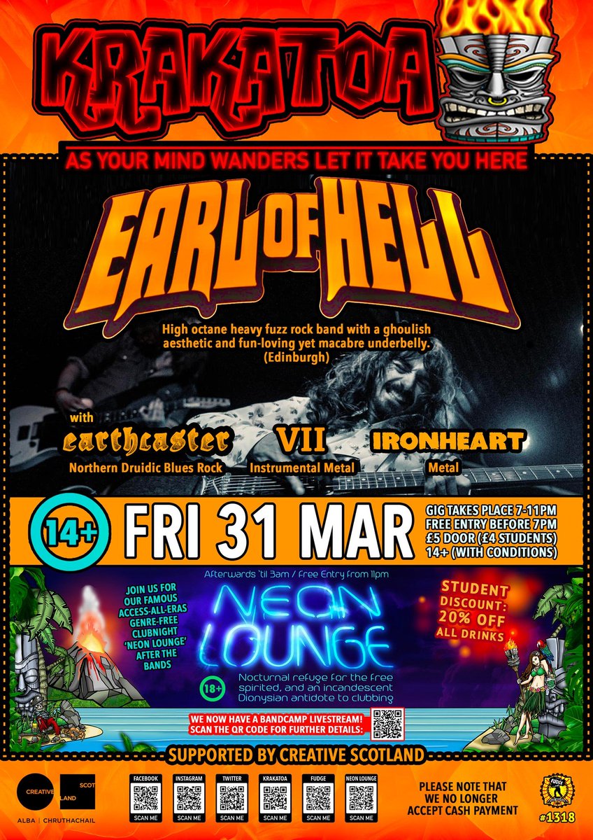VolcanicTiki's tweet photo. Well now. This should be fun tomorrow night.
Join us on Friday to witness #EarlOfHell, enthusiastically supported by #Earthcaster and #Ironheart.
FREE ENTRY BEFORE 7PM!
#volcanictiki #krakatoabar #krakatoascotland #live #bands #music #gigs #aberdeen https://t.co/R5Ce8g8lox