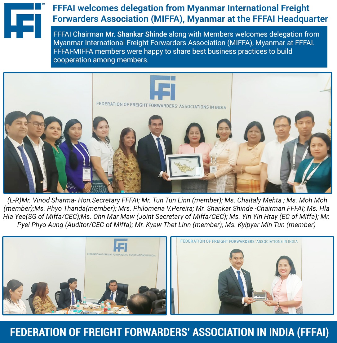 FFFAI_INDIA's tweet photo. FFFAI Chairman Mr. @shankarglobalch along with Members welcomes delegation from Myanmar International Freight Forwarders Association (MIFFA), Myanmar.
#FFFAI #IFCBA #MIFFA #Collaboration #CulturalExchange #OfficeVisit
@fiatafederation
@WCO_OMD @cbic_india @FinMinIndia https://t.co/E8JGEiz2kF