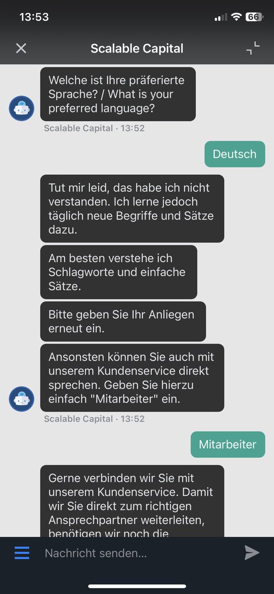 SCabreraNaranjo's tweet photo. @ScalableCapDACH das nenne ich small talk… #chatbot #ai https://t.co/AVcWSb2OZa