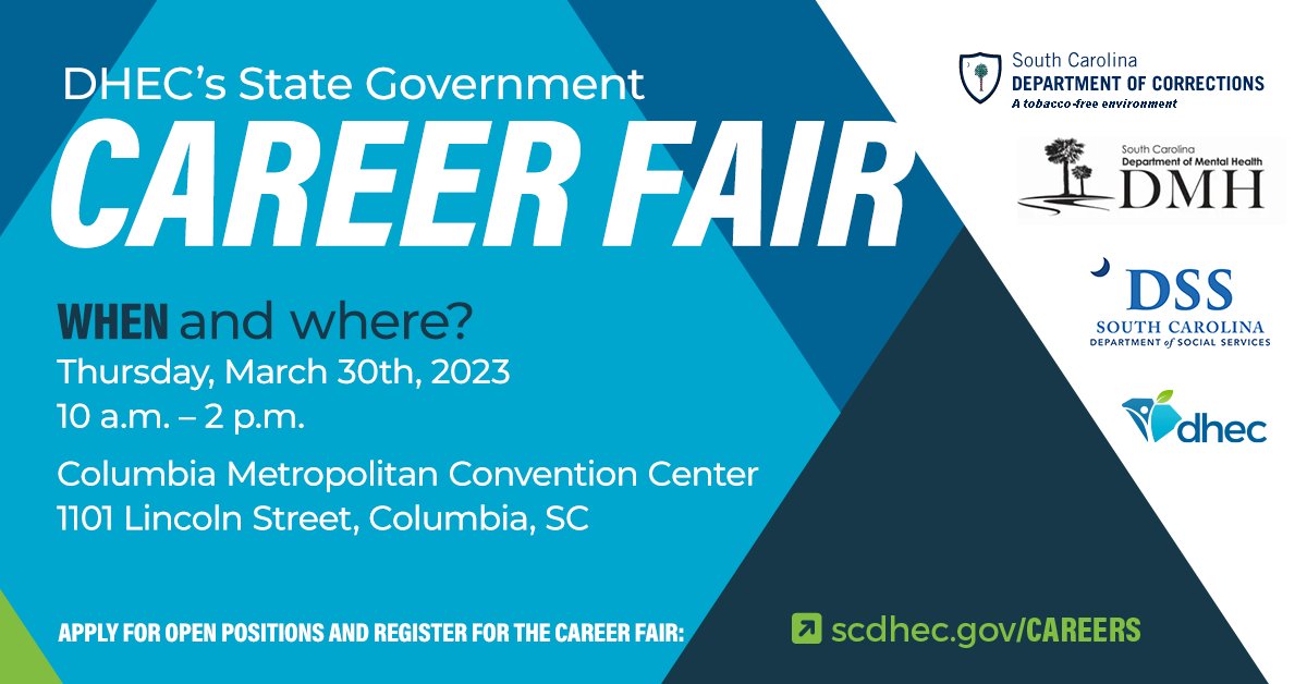 SC_DPH's tweet image. We look forward to seeing you TODAY at the 2023 State Government Career Fair from 10 a.m. – 2 p.m. at the Columbia Metropolitan Convention Center. Get information about open positions and working with state agencies! #SCCareers #FindYourPassion #DHEC #hiring