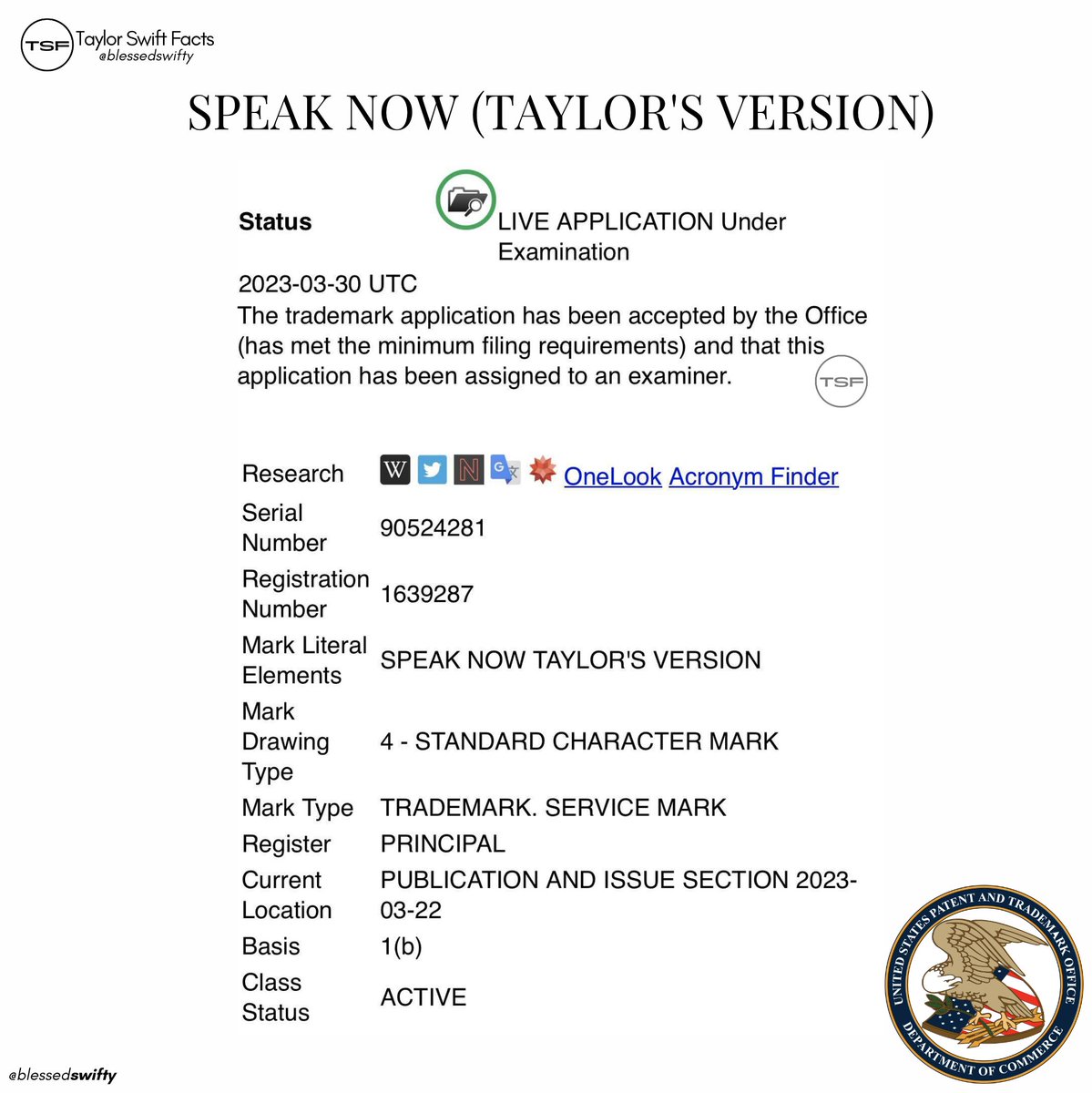 🚨 A marca 'Speak Now (Taylor's Version)' foi OFICIALMENTE aceita pela USPTO. A data de publicação do documento durará até o dia 25 de abril de 2023.