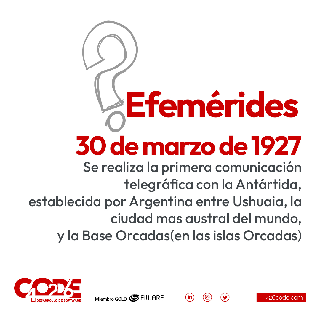 📆 30M ¡Hoy celebramos un hito histórico! 🌎🌊📡 ¡Argentina logró la primera comunicación telegráfica con la Antártida a través de #BaseOrcadas y #Ushuaia! 🇦🇷❄️📲 Un gran logro para la ciencia y la tecnología 👨👩🔬 ¡Sigamos avanzando juntos! 🤝💪 #426code #Efemérides #Tecnología