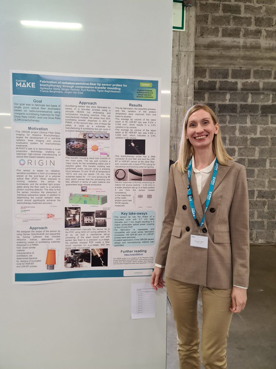Exciting news! @BPhotVub researcher Dr Agnieszka Gierej presents her work on the fabrication of the radiation-sensitive optical fibre sensor tips for use in the #ORIGINSystem at the @FlandersMake conference today in Antwerp. #Dosimetry #Photonics #Innovation