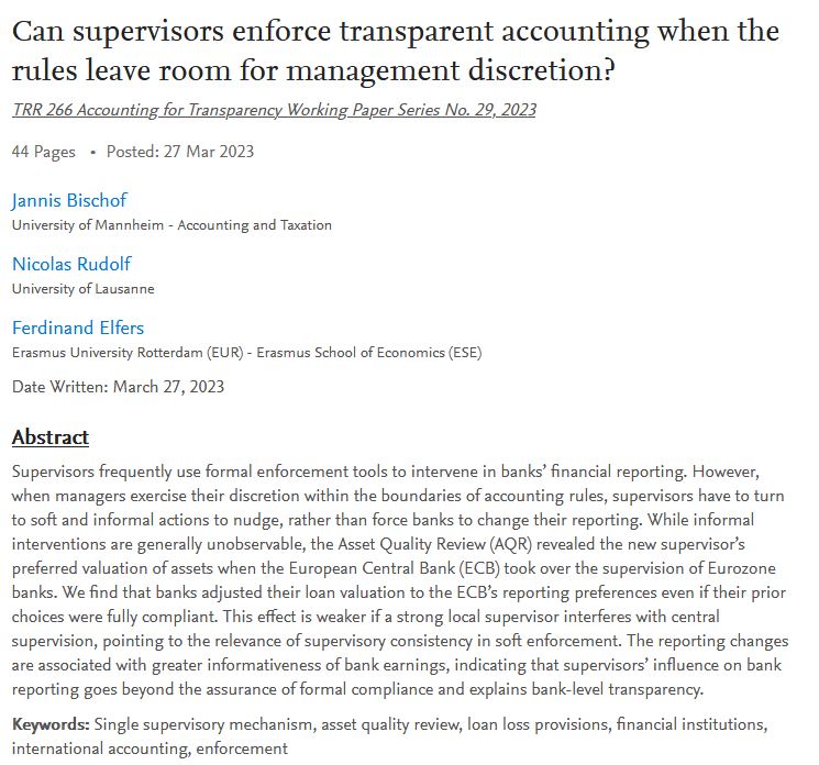 ErasmusAccount's tweet photo. "Can supervisors enforce transparent accounting when the rules leave room for management discretion?"

New @trr_accounting working paper by @ElfersFerdinand, @NicolasJRudolf, and @JannisBischof!

#accotwitter #transparency 

https://t.co/eWWHi34Cu2 https://t.co/k1ZwSWCfgI