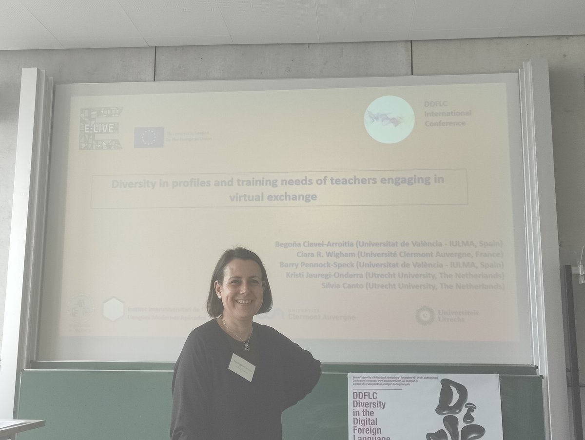 ELIVE_project's tweet photo. Begoña Clavel-Arroitia's talk for the E-LIVE team on "Diversity of Profiles and Training Needs of Teachers Engaging in VE" at Diversity in the Digital Foreign Language Classroom Conference. (PSE, Ludwigsburg) @erasmusplusprojects #eliveproject @StuttgartUni #EliveProject https://t.co/GI5uGDC7Ib