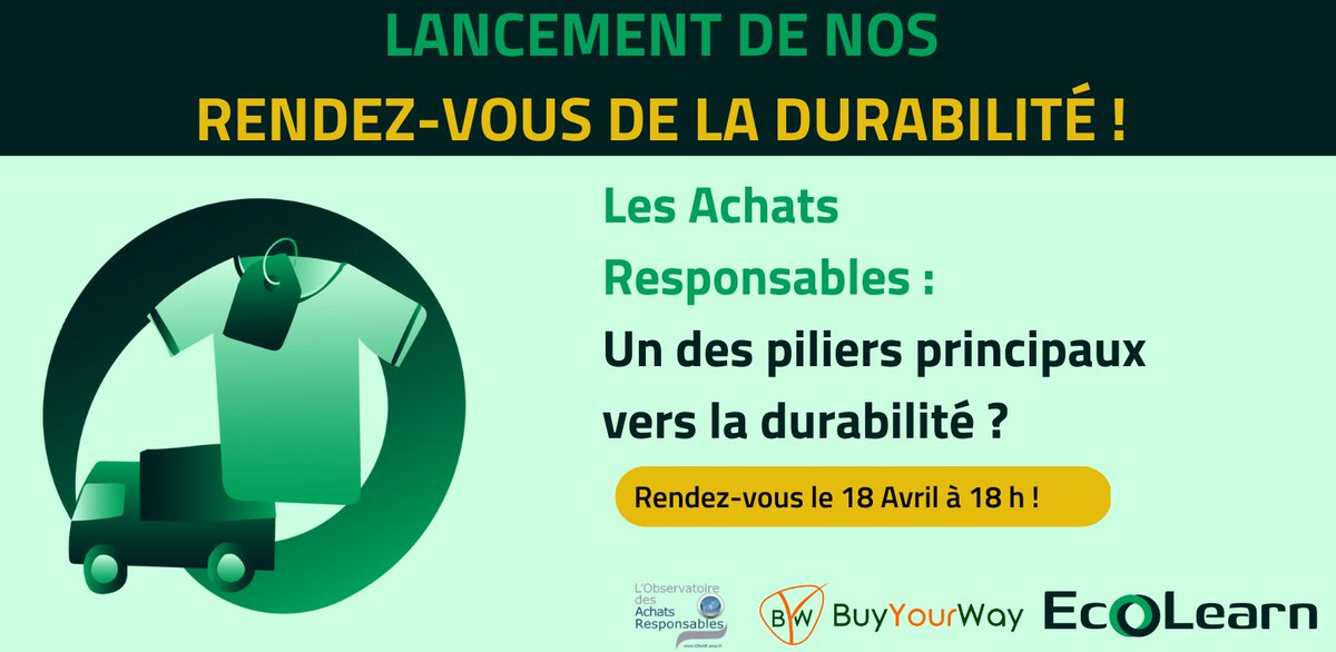 📣 Rejoignez notre Rendez-Vous de la durabilité en ligne ! 🛍️Les Achats Responsables : Un pilier clé pour la durabilité ? 

🗓️ 28 Mars 18h-19h30 avec des experts passionnés

🌱 Inscription gratuite 👉 bit.ly/3lOvD3J 

#Durabilité #AchatsDurables #AgirPourLaPlanète