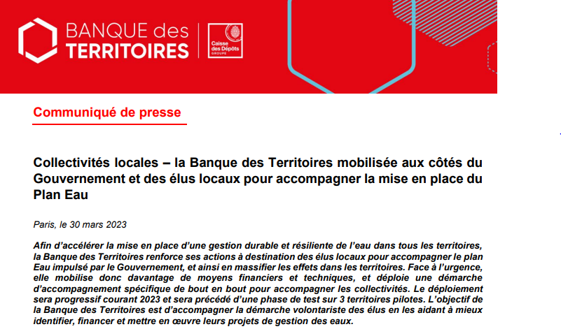 BanqueDesTerr's tweet photo. La @BanqueDesTerr se mobilise aux côtés du @gouvernementFR dans le cadre du #PlanEau 🌊pour accompagner les #élus de bout en bout et faire émerger plus de projets :
📌15 M€ de crédits d'ingénierie
📌2 Md€ de prêts
📌un futur site internet dédié

👉 https://t.co/whM81w2mpk https://t.co/NWRVHPWl9t