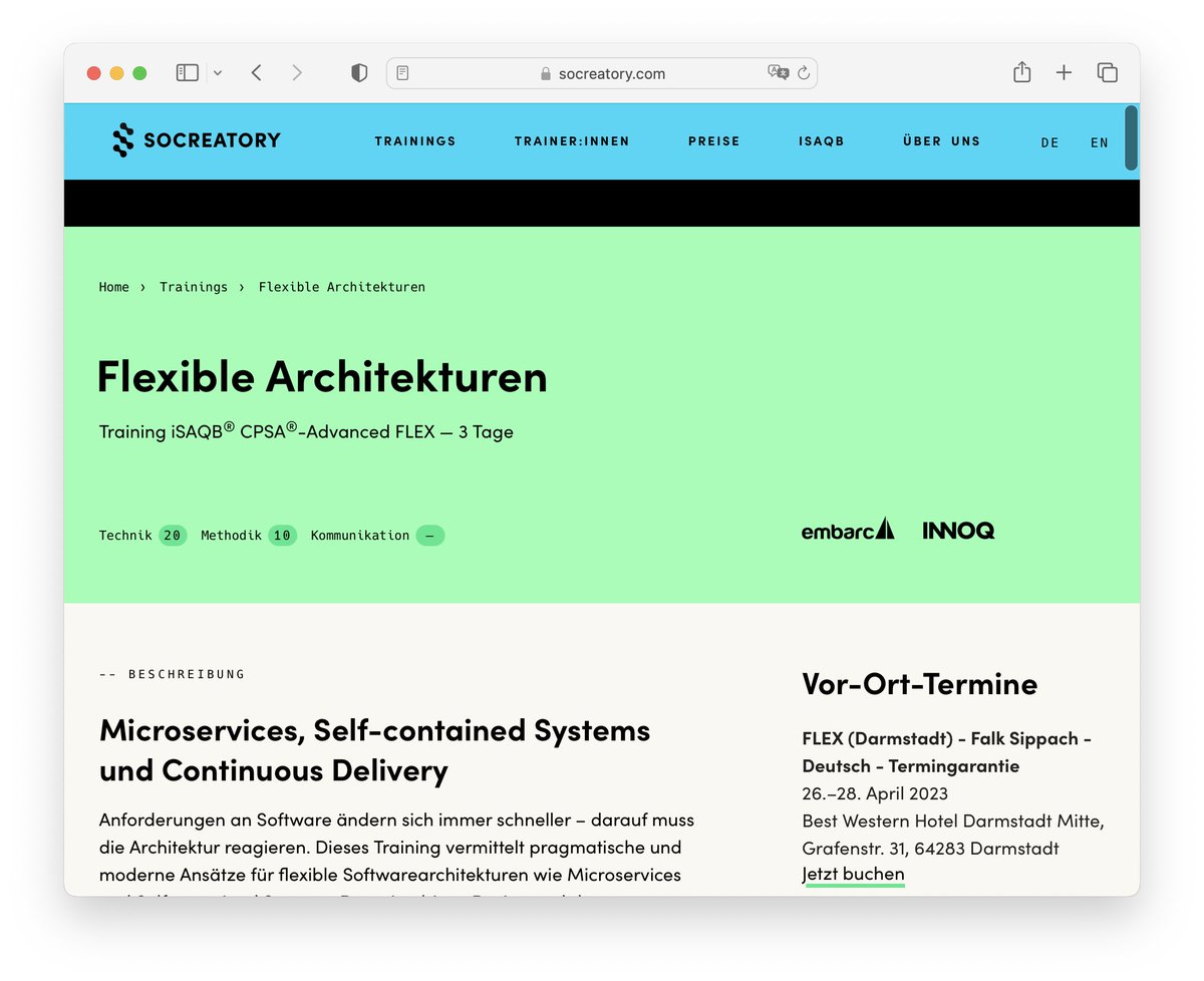 Ende April gebe ich in Darmstadt ein <a href="/isaqb/">iSAQB</a> Advanced Seminar zu Flexible Architekturen. Es gibt noch wenige Plätze. Kommt dazu und lernt, wie Softwarearchitektur auf sich immer schneller ändernde Anforderungen an Softwaresysteme reagieren kann. <a href="/socreatory/">socreatory</a> socreatory.com/de/trainings/f…