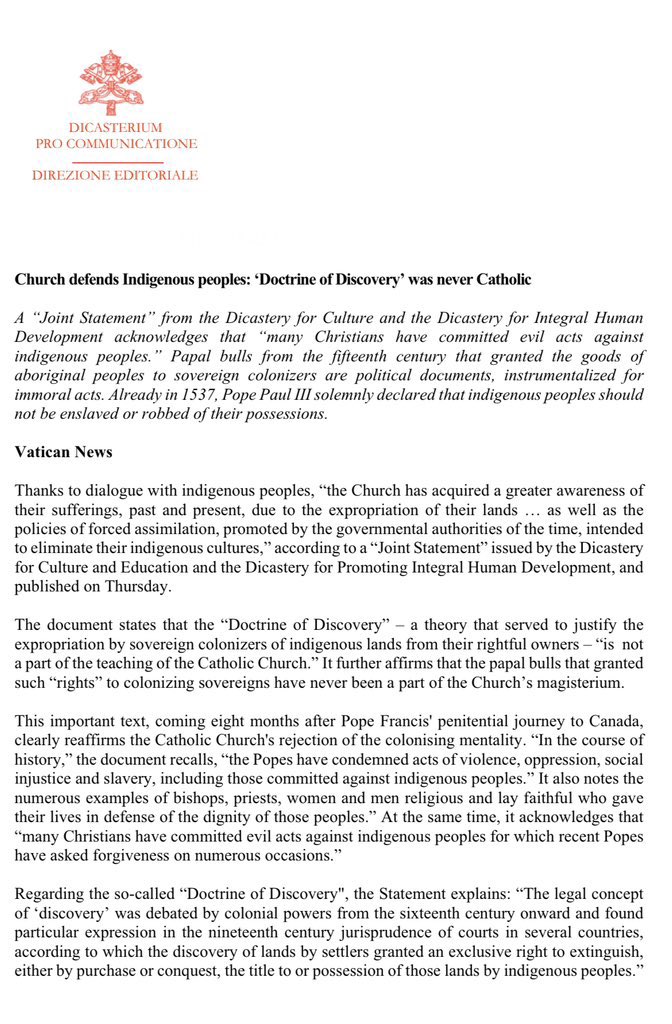 From AP: The Vatican has responded to Indigenous demands and rejected the Doctrine of Discovery that the theories backed by 15th-century papal bull that legitimized the colonial-era seizure of Native lands and form the basis of some property law today.