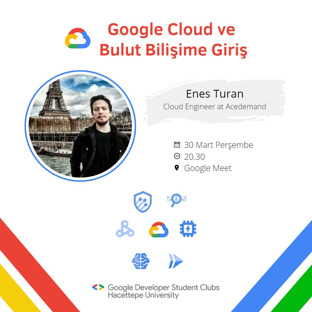 🥳 Merhabalar, Google Cloud'un gücünü keşfetmek istiyorsanız bu etkinlik harika bir fırsat! @DSCHacettepe topluluğu ile birlikte Google Cloud ve bulut teknolojileri üzerine konuşacağız! 🎉