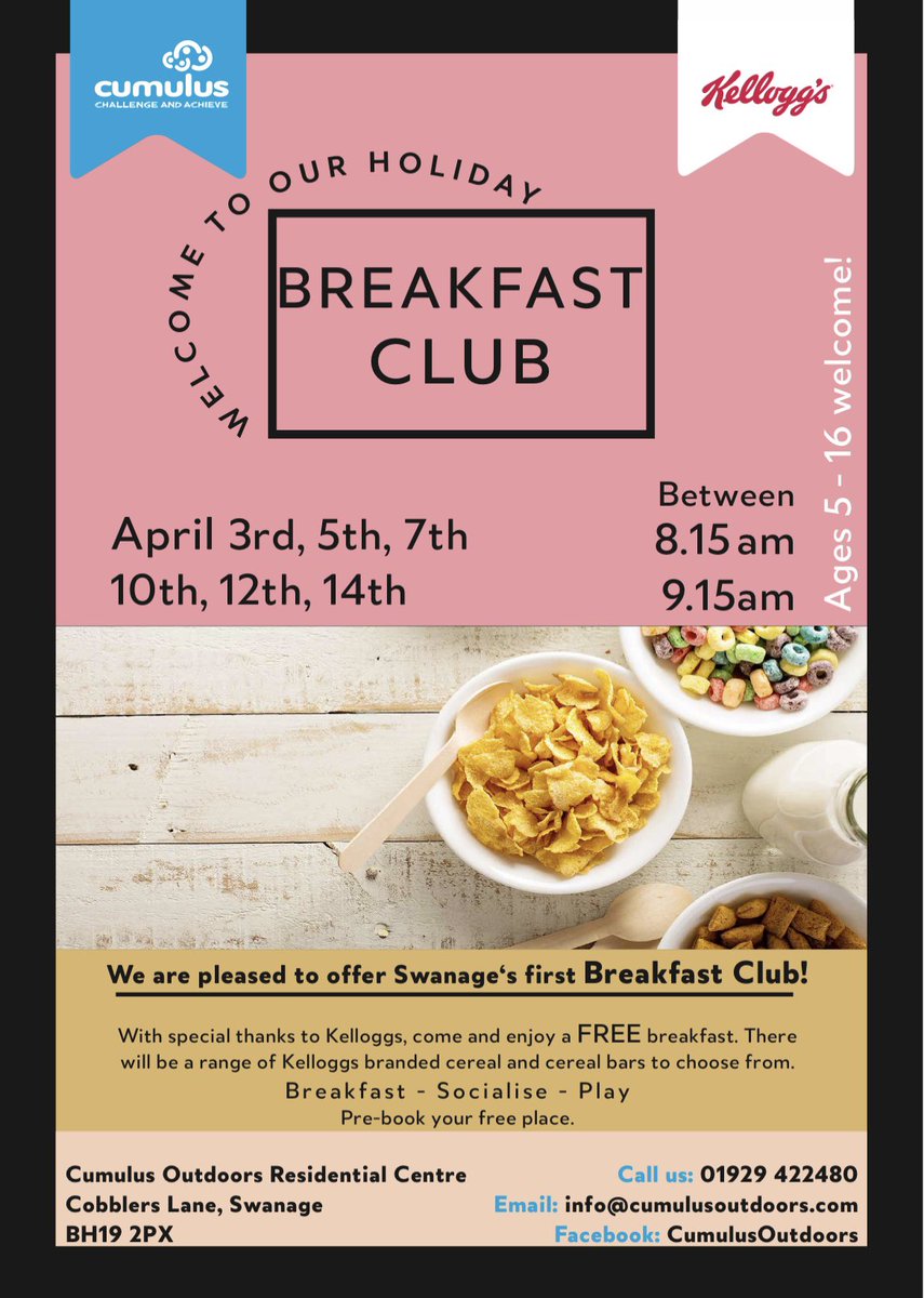 Breakfast Club Update; we have a few places left so please get in touch if you wish to book.
Dates: 3rd,5th,7th,10th,12th 14th April. Times: 08.15 - 09.15
Location: Cumulus Outdoors Residential Centre. Ages:5-26yrs info@cumulusoutdoors.com

#breakfastclub #free #kelloggs