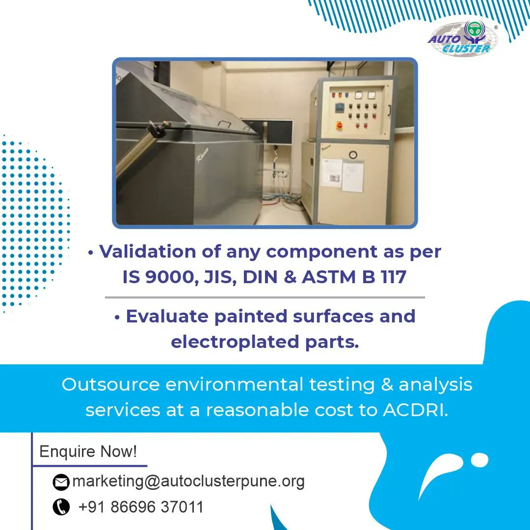 acdrinews's tweet photo. Environmental testing and analysis of new products are crucial for successful products.

At #ACDRI have a salt spray testing tool available at your service at a reasonable cost.

#EnvironmentalTestingLab #saltSprayTesting #tool
#testing #autocluster #automotive https://t.co/WyxZZZjXtd