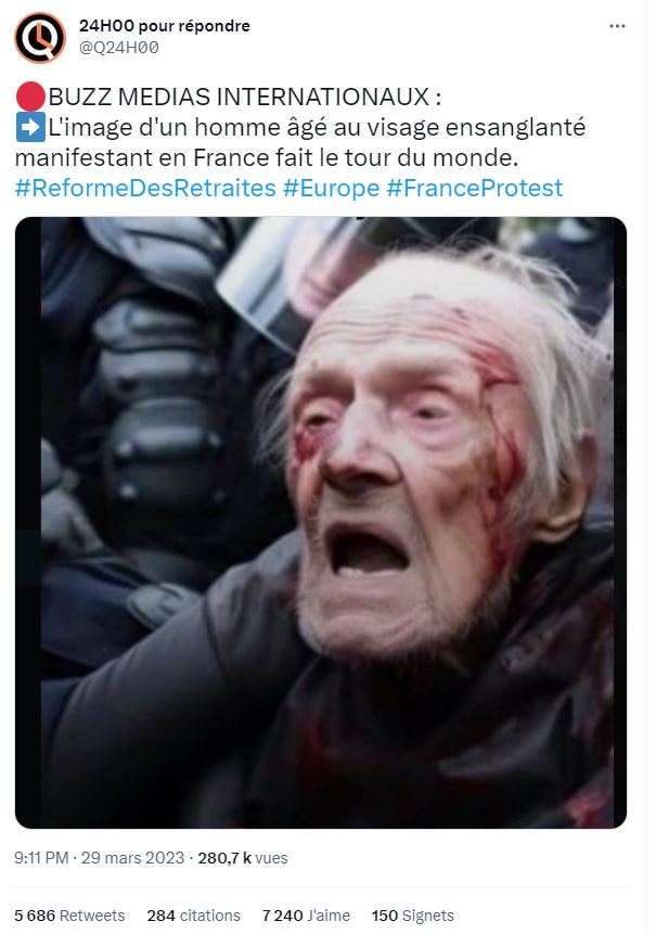 Cette image prétendant montrer "un homme âgé au visage ensanglanté manifestant en France", interpellé par des forces de l'ordre, est relayée depuis plusieurs heures sur Twitter, entre messages d'indignation et interrogations sur son authenticité #AFP 1/...
