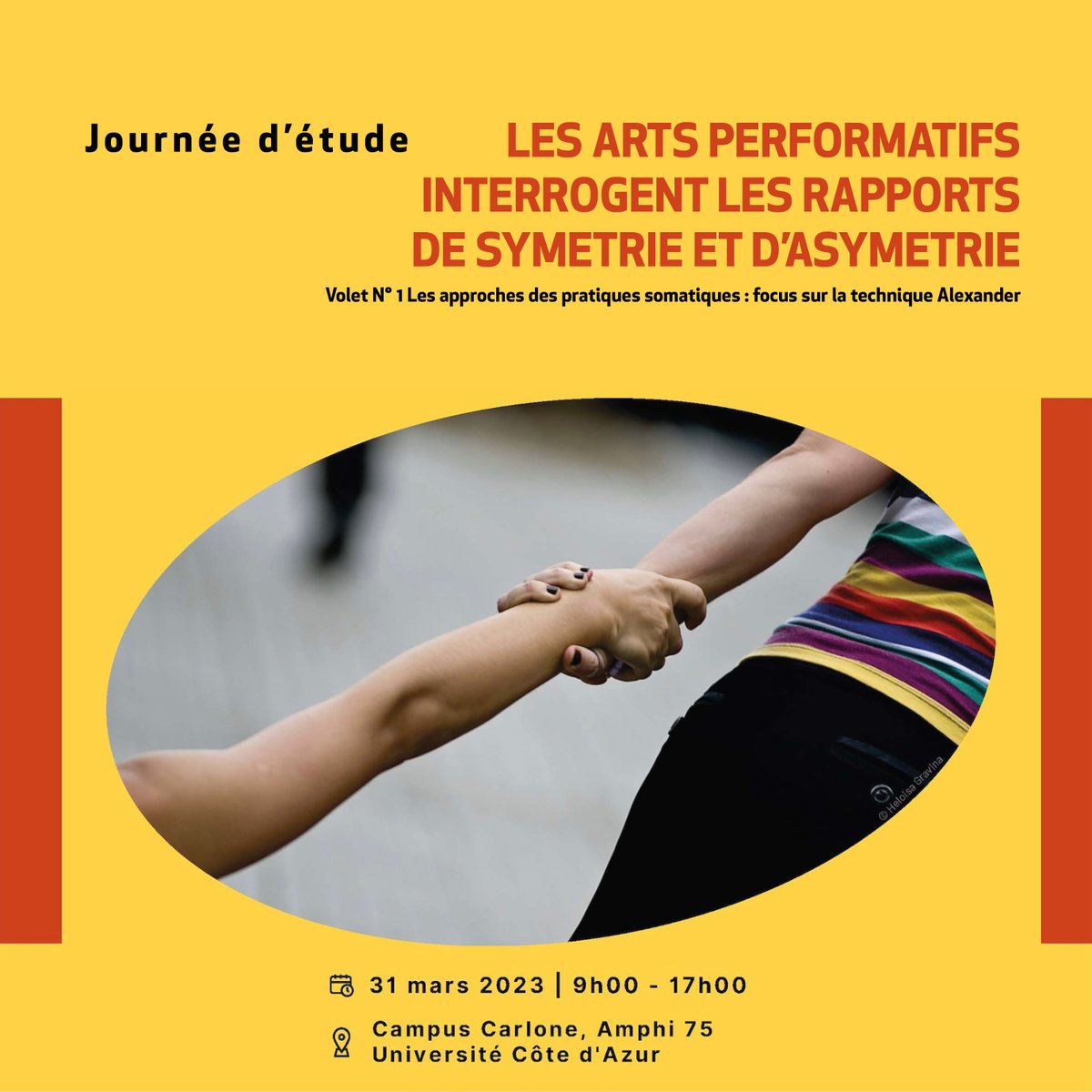 🗣[Journée d'étude : les arts performatifs interrogent les rapports de symétrie et d'asymétrie]🤸

📅 Le 31/03/23, de 9h00 à 17h00
📍 Amphi 75 du Campus Carlone

Plus d'infos : univ-cotedazur.fr/portails/porta…

#campuscarlone #journéedétude #étudiants