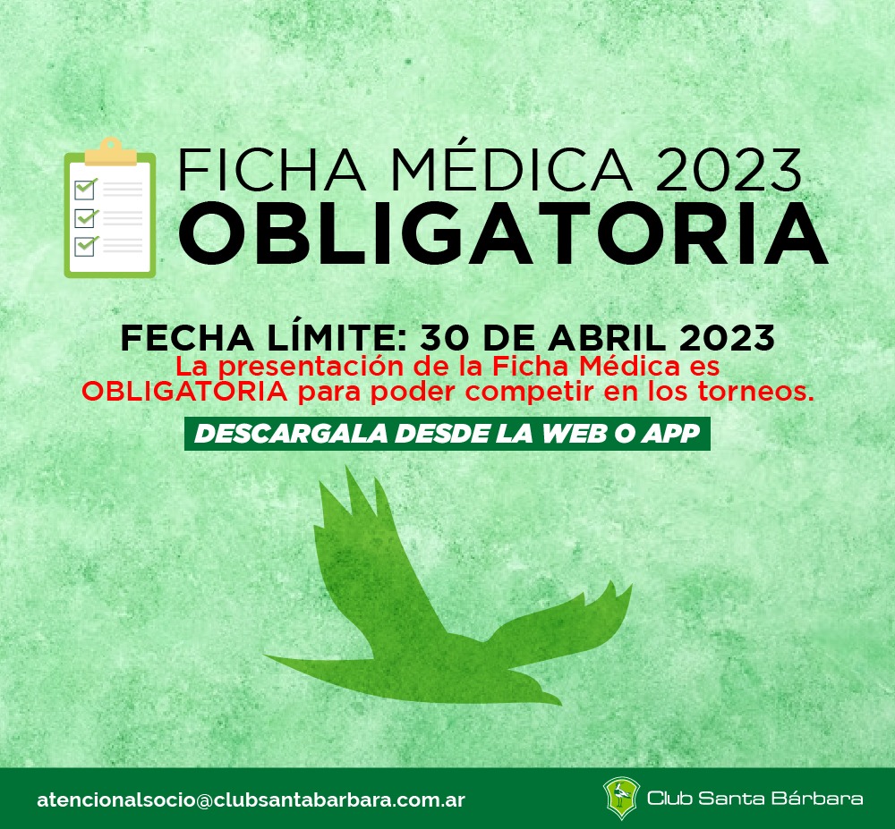 ClubStaBarbara's tweet photo. ✔ Ficha Médica 2023 ✔

¡Obligatoria para competir en los torneos!

No olvides incluirla en tu lista para esta nueva temporada.

📆 Fecha Límite de Entrega: 30 de Abril 2023.
👉 Descargala desde la Web o App.

#hockey #fútbol #vamosteros #vamosteras #ClubSantaBarbara https://t.co/fCTNy5ZhAf
