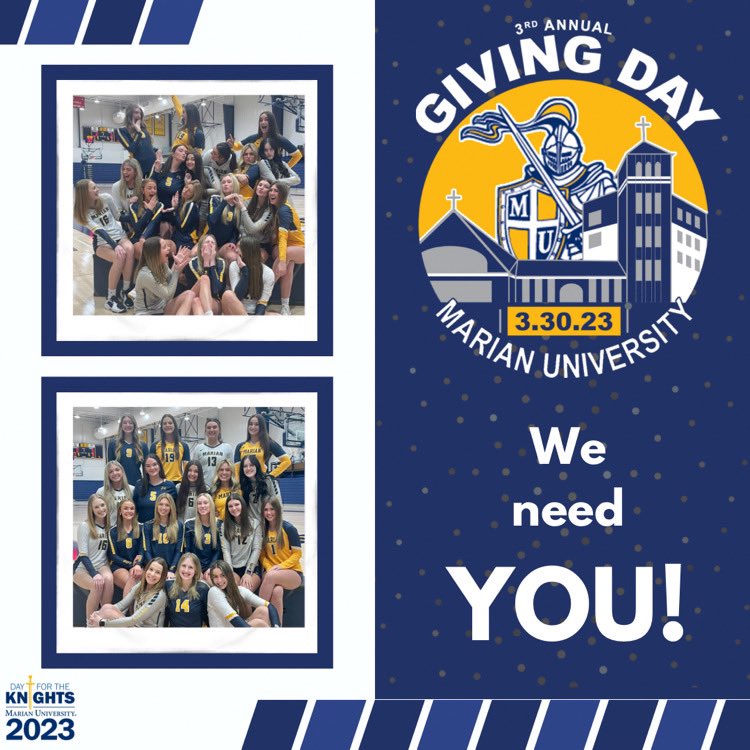 IT’S HERE‼️ #GivingDay has arrived.  Please help by designating your gift to VOLLEYBALL and continue to impact our student-athlete experience on and off the court! Click ⬇️⬇️

givecampus.com/campaigns/3246…

#dayfortheknights2023 #knightsgiveback #donatetoday #marianvolleyball