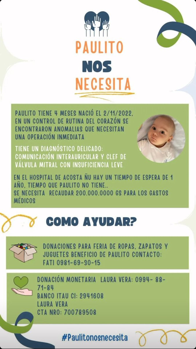 aracecago's tweet photo. Paulito es un bebé de 4 meses que necesita una cirugía del corazón y como sabrán nuestros hospitales no dan abasto y le dieron turno de acá a UN AÑO pero Pauli ya no puede esperar.
Estamos organizando varias actividades para juntar Gs. 200.000.000.
RT XFA
#PaulitoNosNecesita https://t.co/QOkBT0STVU