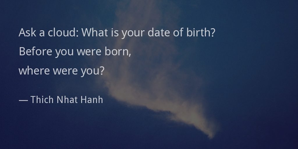 Ask a cloud: 'What is your date of birth? Before you were born, where were you?'
— Thich Nhat Hanh