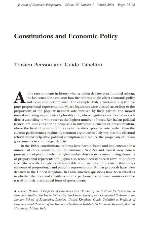 Rated_JBR's tweet photo. Shared by @Ronanpbd in a group page:
Constitutions and Economic Policy
(Torsten Persson and Guido Tabellini)
***
"In a representative democracy, elected officials determine policy. The constitution spells out which offices have decision-making rights over policies, how access is gained to those offices through elections or political appointments and what are the procedures for setting policies. In turn, these rules determine how well voters can hold politicians accountable and which groups in society are more likely to see their interests adequately represented.
A common theme in this paper and in the related literature is that constitution design entails a tradeoff between accountability and representation (see also Bingham Powell, 2000; Prezworski, Stokes and Manin, 1999).
Constitutional features that clarify policy responsibilities and make it easy to replace an incumbent government strengthen accountability, but at the same time increase the political influence of the groups to whom policymakers are accountable."
Continue Reading:
https://t.co/KWtqvy9Uss