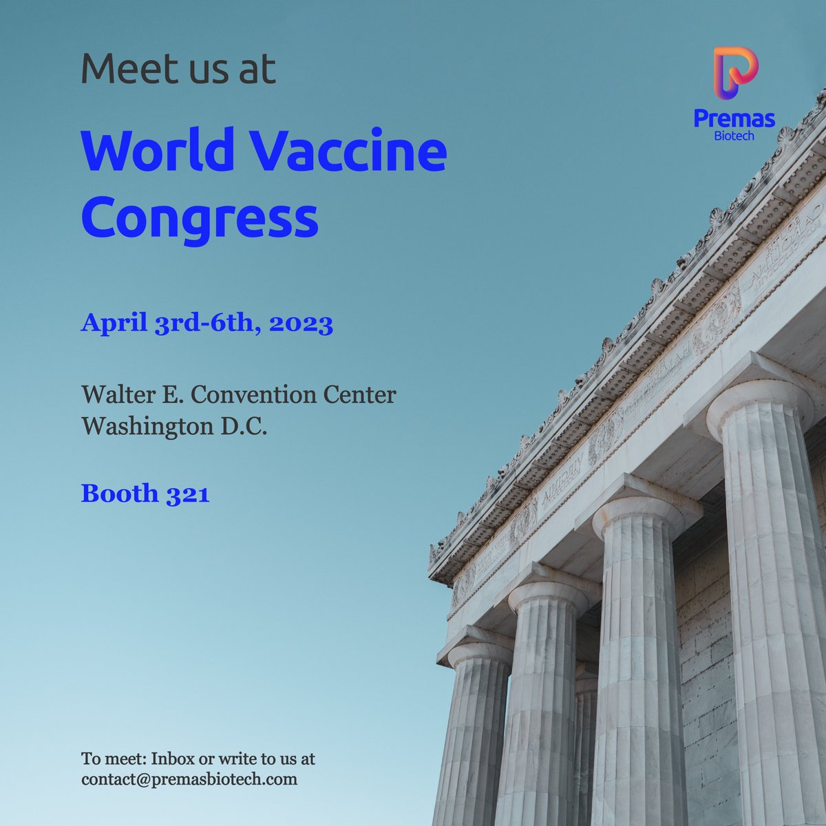 #WorldVaccineCongress is right around the corner and we will be there at Booth 321. See you there from 3rd - 6th April, 2023.

Stay tuned for more updates.

#washington #biopharmaceuticals #innovation #emergingtechnologies #premasbiotech #conference #collaboration #VLP