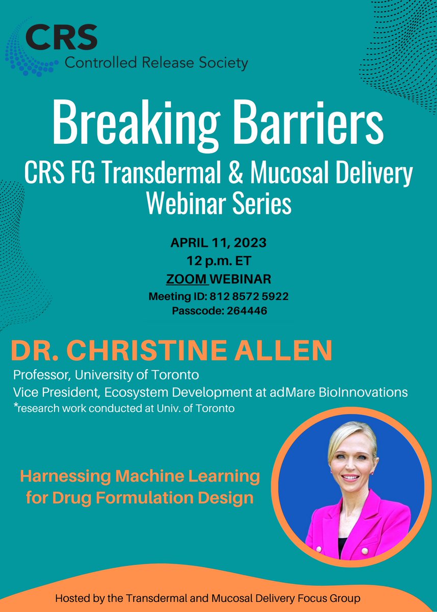 We are thrilled to present our next webinar featuring Dr. @ChristineAllenW Hosts: @MatooriSimon and Jill Steinbach-Rankins Join us on April 11 at 12 PM ET via Zoom. Click to join 👇 umontreal.zoom.us/j/81285725922?… Meeting ID: 812 8572 5922 Passcode: 264446