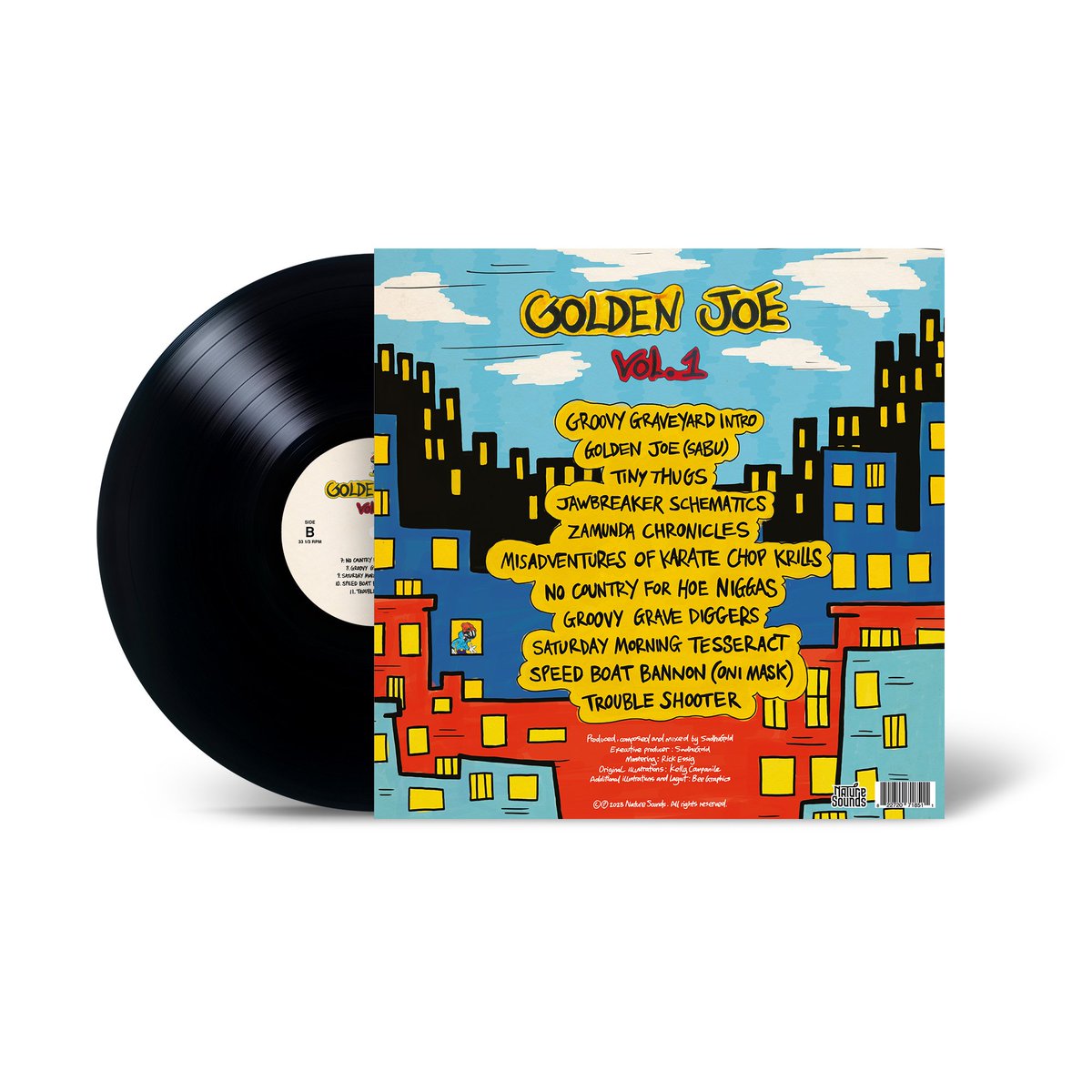 Layout, back cover illustration and typography for @SADHUG0LD 'Golden Joe Vol.1' vinyl LP available from <a href="/naturesounds/">Nature Sounds</a>

Original character illustrations &amp; title by Kelly Campanile