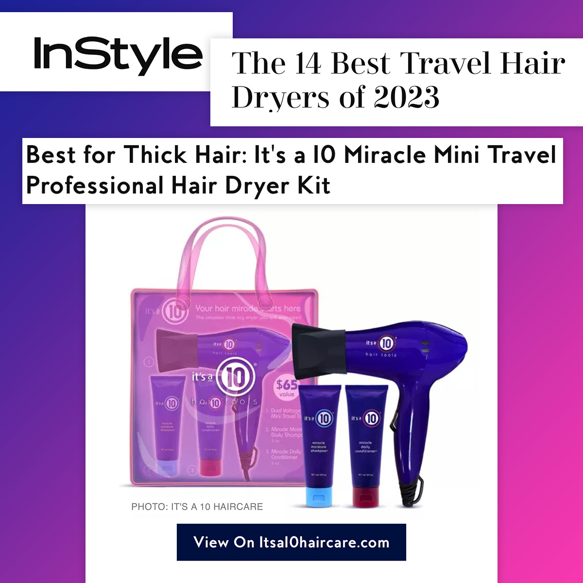 Jet setters unite! The It's A 10 Miracle Mini Travel Professional Hair Dryer Kit is a must-have for anyone on the go. This compact, lightweight dryer is perfect for travel so you can achieve salon-quality hair wherever you go! ✈️🌎 Thanks @InStyle for the feature!