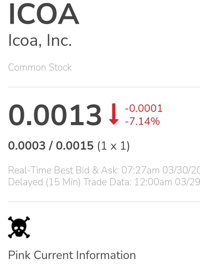 $ICOA
Company went pink current and on final CE review to get current. This is a prime example of why you don't listen to the basher and naysayers stick to your gut and your research. CE removed anyday fam then we EAT🤫🔥
<a href="/MartyByrdeOTC/">Marty Byrde</a> <a href="/MattRiv2/">Westcoastcloser</a> <a href="/mattycakes22/">MattyEvs</a>