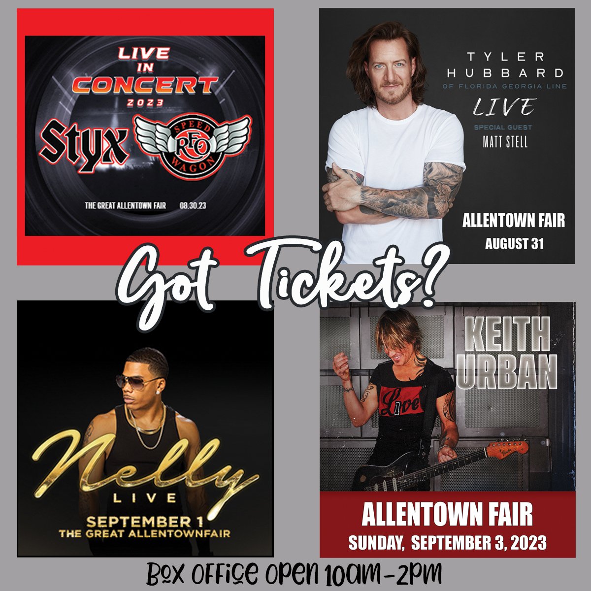 AtownFair's tweet photo. Got Tickets?! The fair box office is open today from 10 a.m. - 2 p.m. Don't forget to purchase discounted ride tickets and premium parking for the shows.
#allentownfair
#homeofthestars
#homegrownfun
#concerts
#rides https://t.co/nYIEUvikTv