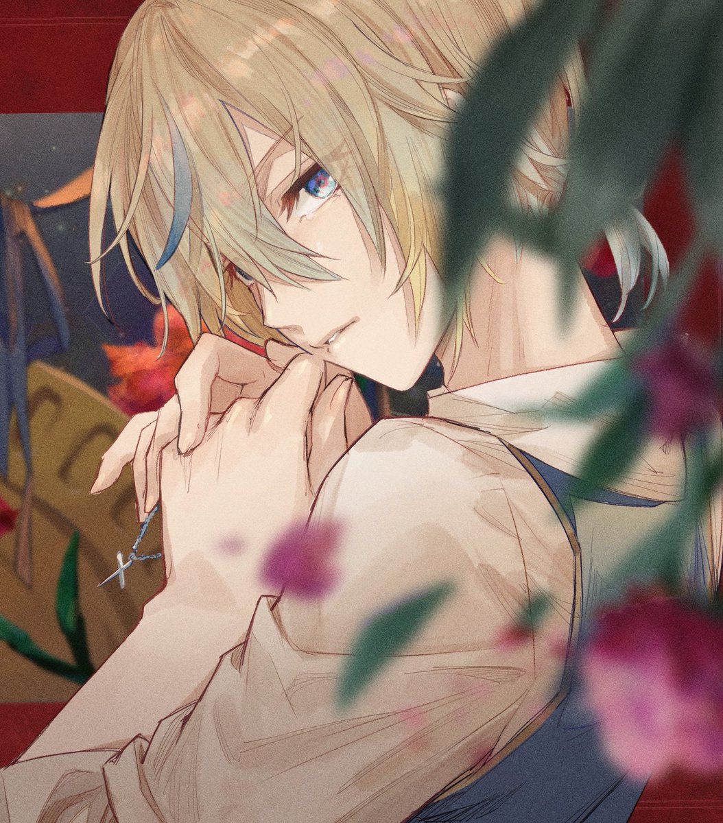 1boy male focus blonde hair blue eyes solo looking at viewer blurry foreground  illustration images